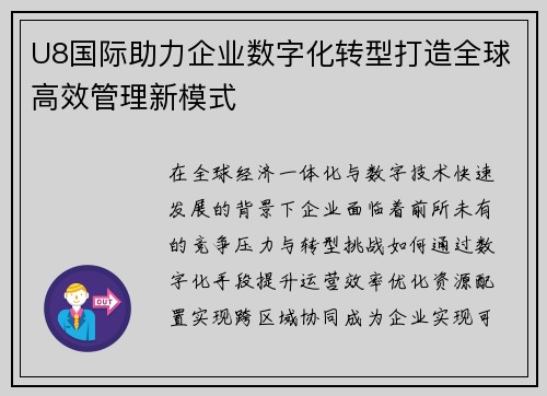 U8国际助力企业数字化转型打造全球高效管理新模式