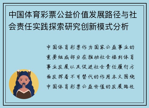 中国体育彩票公益价值发展路径与社会责任实践探索研究创新模式分析
