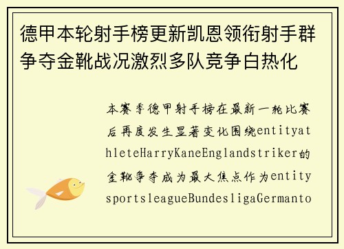 德甲本轮射手榜更新凯恩领衔射手群争夺金靴战况激烈多队竞争白热化
