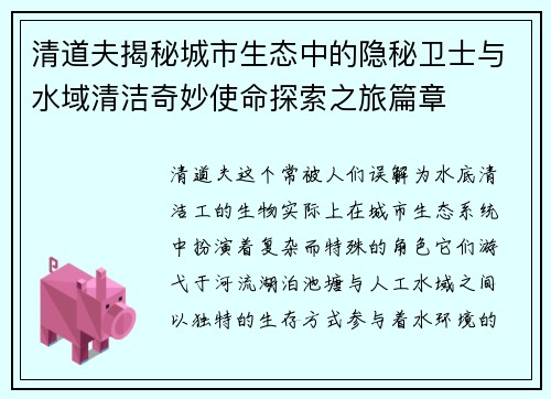 清道夫揭秘城市生态中的隐秘卫士与水域清洁奇妙使命探索之旅篇章